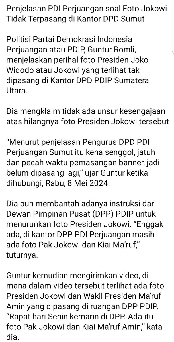 Penjelasan PDI Perjuangan soal Foto Jokowi Tidak Terpasang di Kantor DPD Sumut nasional.tempo.co/read/1865331/p…