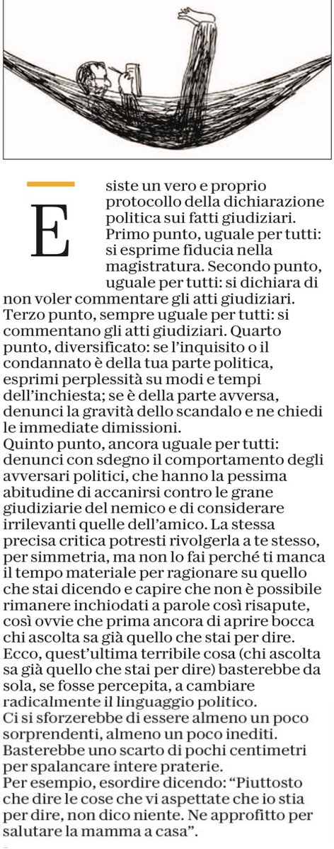 Ecco, quest’ultima terribile cosa (chi ascolta sa già quello che stai per dire) basterebbe da sola se fosse percepita a cambiare radicalmente il linguaggio politico
Ci si sforzerebbe di essere almeno un poco sorprendenti, almeno un poco inediti
#LAmaca #MicheleSerra #Politica