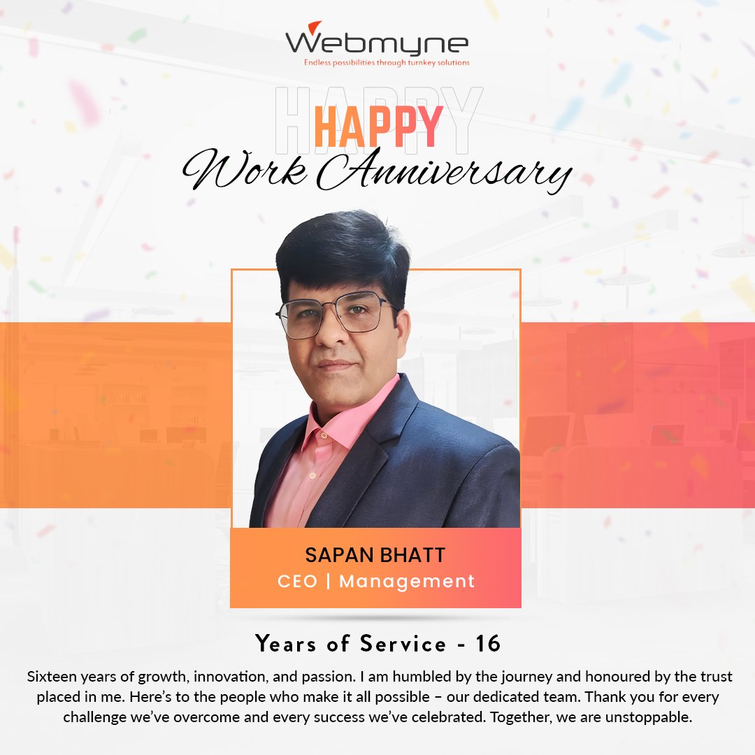 Cheers to 16 incredible years of leadership and dedication! 🎉 Thank you, Sapan Bhatt Sir, for your unwavering commitment to Webmyne. Here's to many more years of success and innovation together. Happy work anniversary!

#workanniversary #employeeappreciation