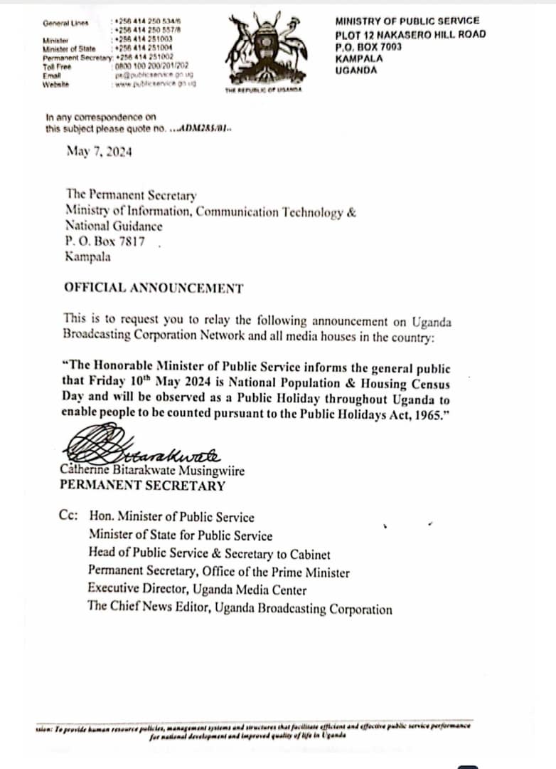 AfricaTembelea's tweet image. #UPDATE According to a public notice from @mopsuganda, the #publicholiday is meant to enable people to be counted pursuant to the Public Holidays Act, 1965.

Details ⬇️ #PopulationCount