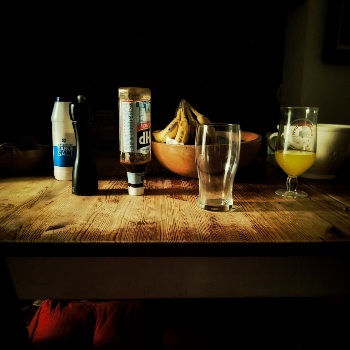 Still Life with HP Sauce and Empty Pint Glass