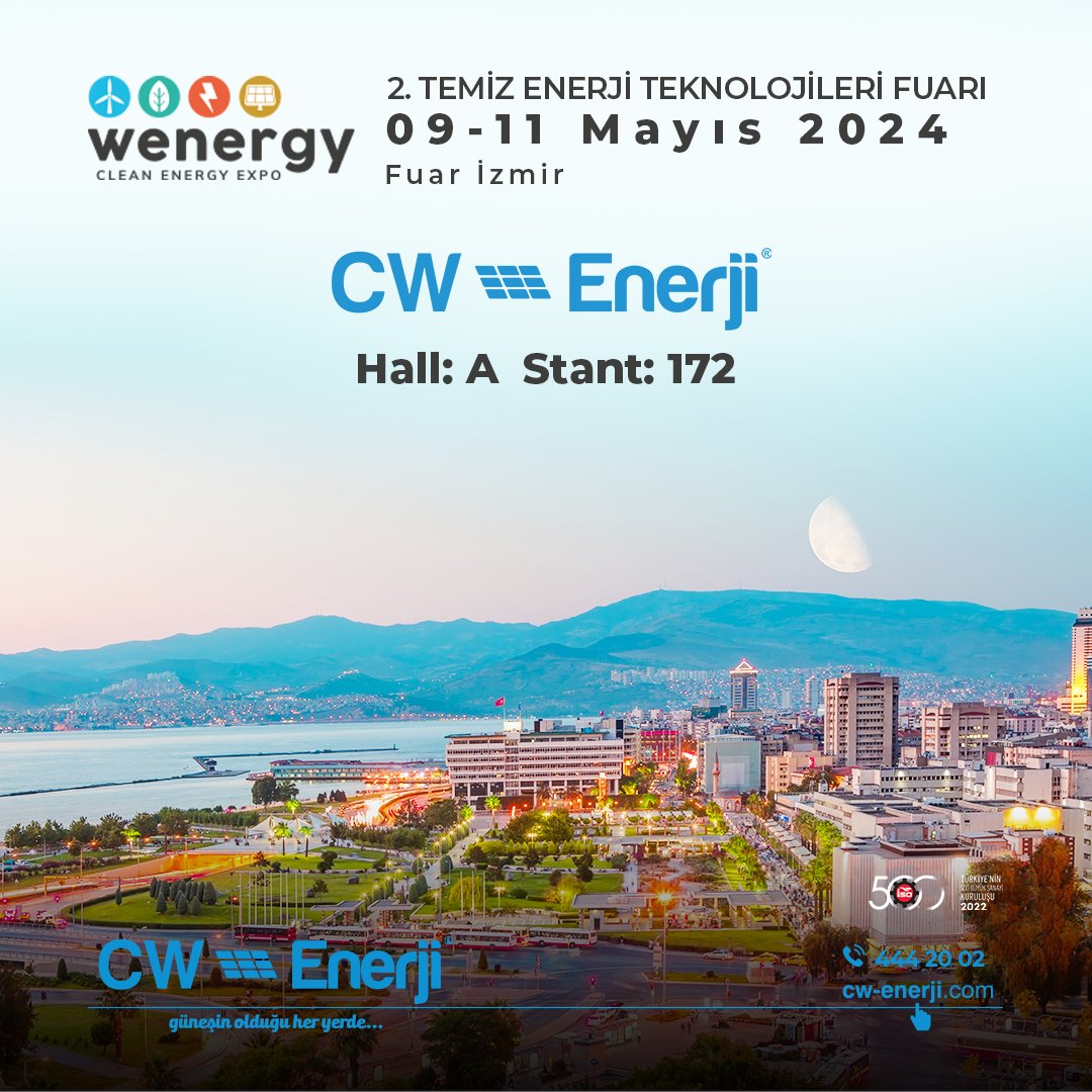 CW Enerji olarak 9-11 Mayıs 2024 tarihleri arasında 2. Temiz Enerji Teknoloji Fuarında tüm enerjimizle olacağız. Fuar İzmir'de Hall:A'da bulunan 172 Nolu CW Enerji standımıza tüm sektör paydaşlarını ve katılımcıları davet ediyoruz. #cwene #cwenerji