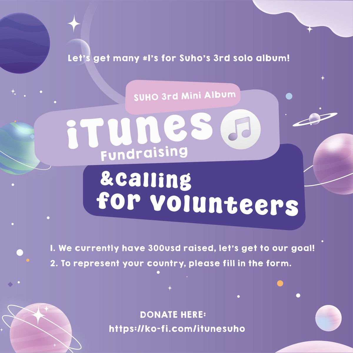 [iTunes Project] 🎵 Calling all the EXO-Ls & Bunnyzens!🗣 SUHO 3rd Mini Album '점선면 (1 to 3)' is coming and you have 2 ways to help: 🪐1. Being a voluntary iTunes buyer. 🪐2. Donating any amount to the fundraiser. 🔗More info: linktr.ee/itunesuho #SUHO #수호 @weareoneEXO