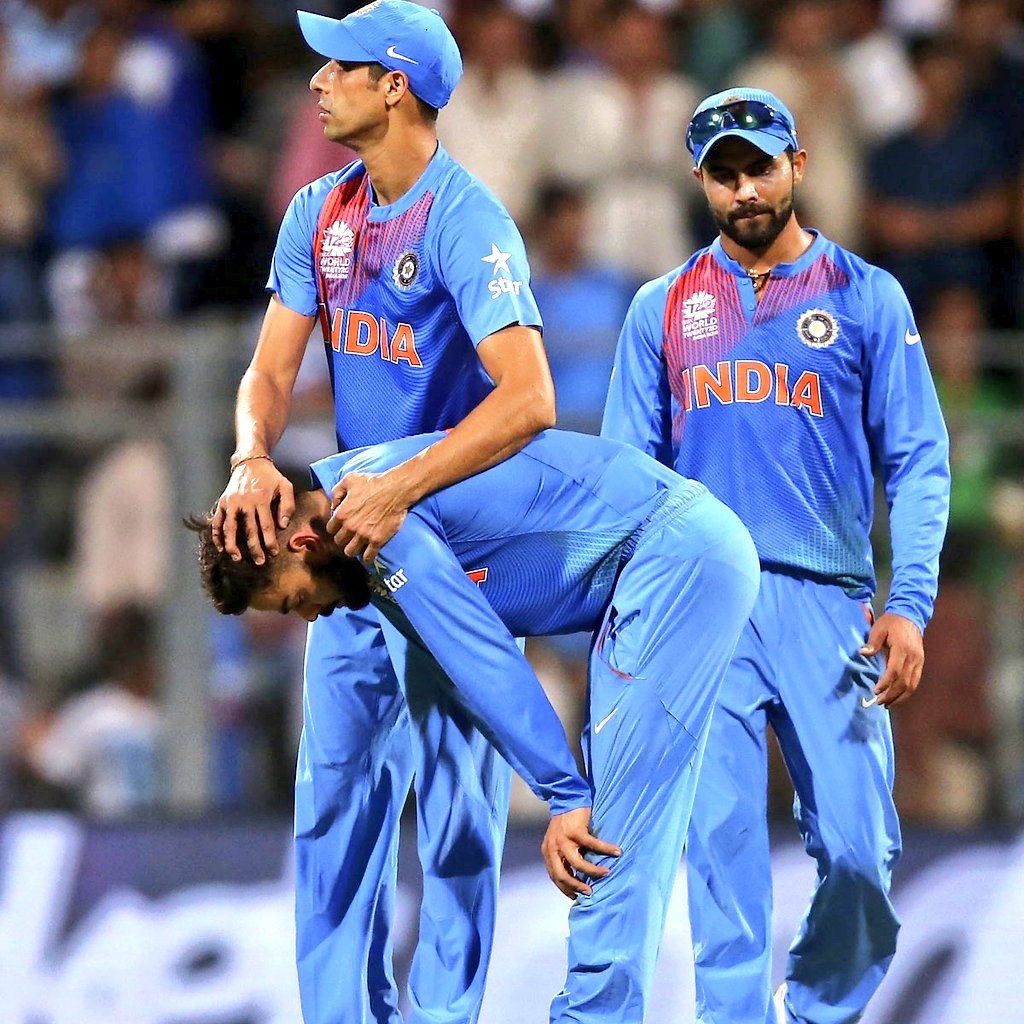 2016 T20i World Cup SemiFinal -

• Batting -

Rohit Sharma - 23(21)
Rahane - 40(35)💥
Virat Kohli - 89(47)*

• Wickets -

Ashwin + Jadeja -  0
Virat Kohli - 1*

That dejected reaction by Virat said a lot how he gave his all, still IPL frauds ruined everything💔