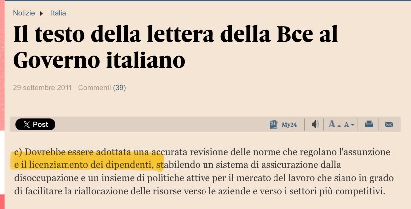 Col massimo rispetto, poi, quello che credi oggi è abbastanza irrilevante: il problema è che nel 2011 Draghi indicò come fondamentale la riforma delle norme sul licenziamento e nel 2014 il PD eseguì. Era funzionale alla strategia DELIBERATA di repressione salariale. Deal with it!