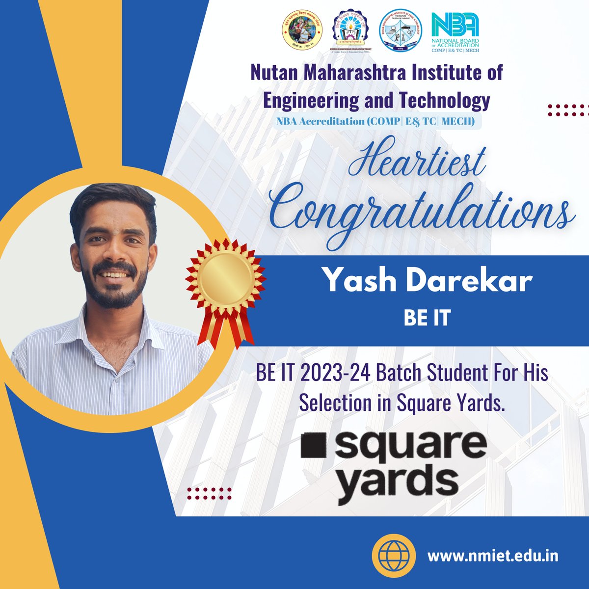 Congratulations to our BE IT students, Mr. Yash Darekar & Mr. Saurabh Aherwadkar for getting selected in Square Yards🎓

#PCET #NMIET #ComputerEngineering #Computer #SquareYards #Students #Placements2024 #BestPlacementCollegeinPune #StudentAchievement #NMIETPlacements #Placement