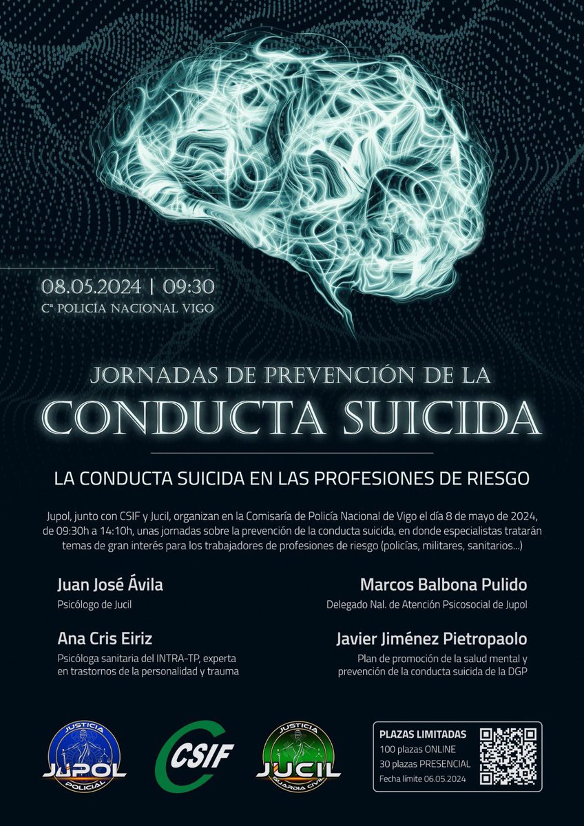 Contra la lacra del suicidio, 🔊 #CSIF, #JUPOL Y #JUCIL organizan unas jornadas de prevención de la conducta suicida en profesiones de ALTO RIESGO 📆 8 de mayo 🕜 De 9h30 a 14h00 📍Comisaría de Vigo ➡️ Impartida por RECONOCIDOS expertos y especialistas en la materia. ➡️