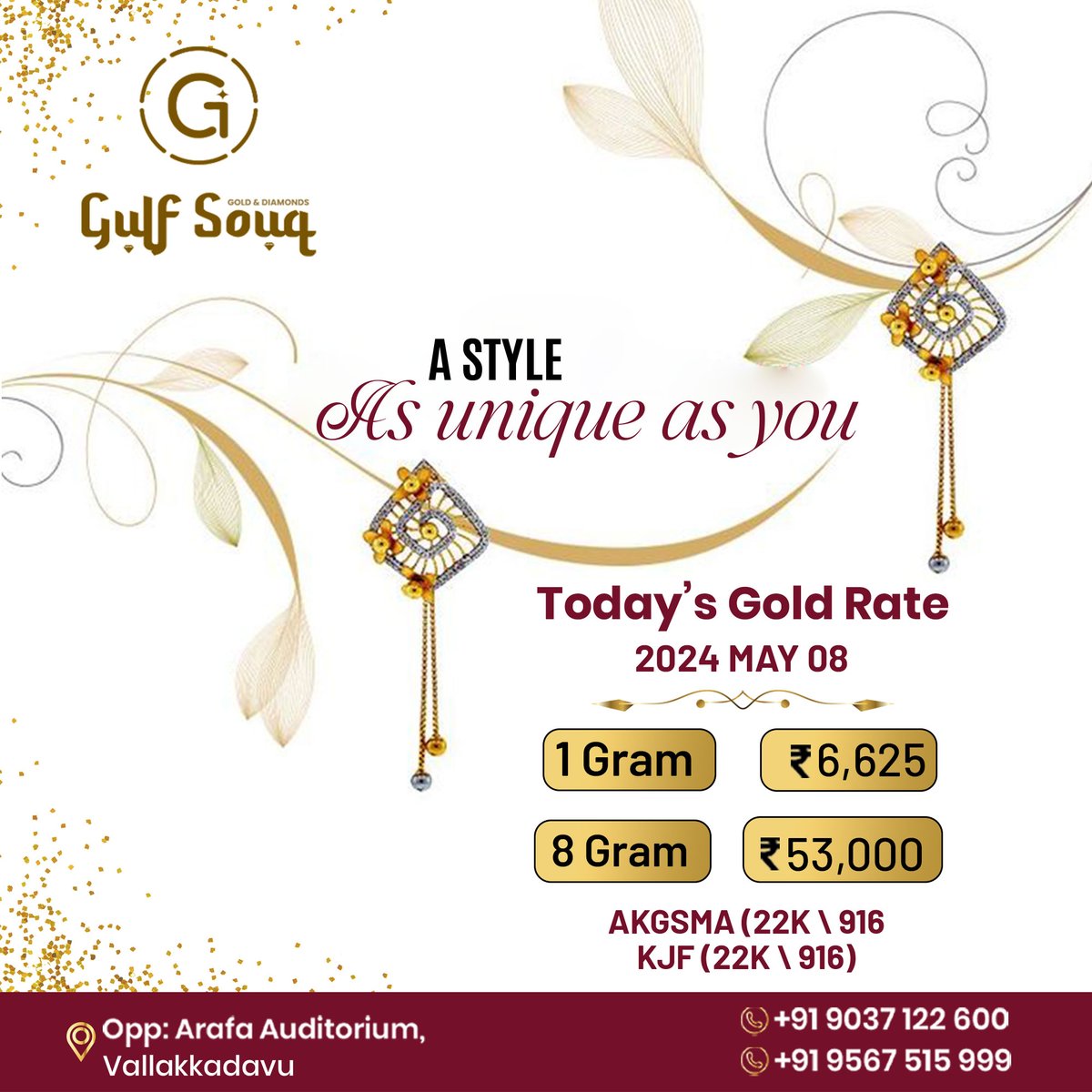 Experience the essence of tradition and culture at Gulf Souq👑✨
⭐️Today's Gold Rate:
1 Gram: 6,625/-
8 Gram: 53,000/-
#JewelryLove #AccessorizeInStyle #SparkleAndShine #GlamorousGems #JewelryObsessed #StatementJewelry #LuxuryLifestyle #BlingBling #FashionAccessories