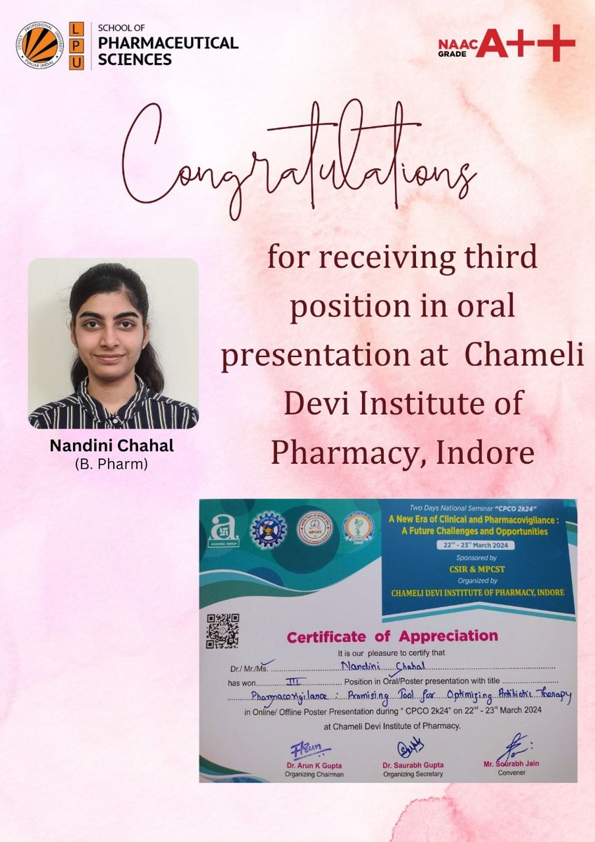 School of Pharmaceutical Sciences, LPU is pleased to announce that our students Ms. Bushra Bashir, Ms. Manseerat Kaur Kahlon and Ms.Nandini Chahal have clinched the 'Best Oral Presentation Award' at the National Seminar held at Chameli Devi Institute of Pharmacy, Indore. #lpu