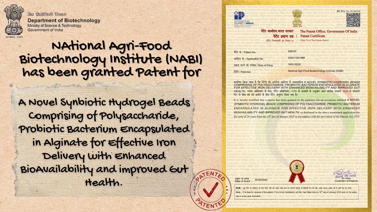 #patent granted to researchers @NABI_India for developing a formulation for effective iron delivery with enhanced bioavailability including haemoglobin restoration levels in vivo. @DrJitendraSingh @rajesh_gokhale