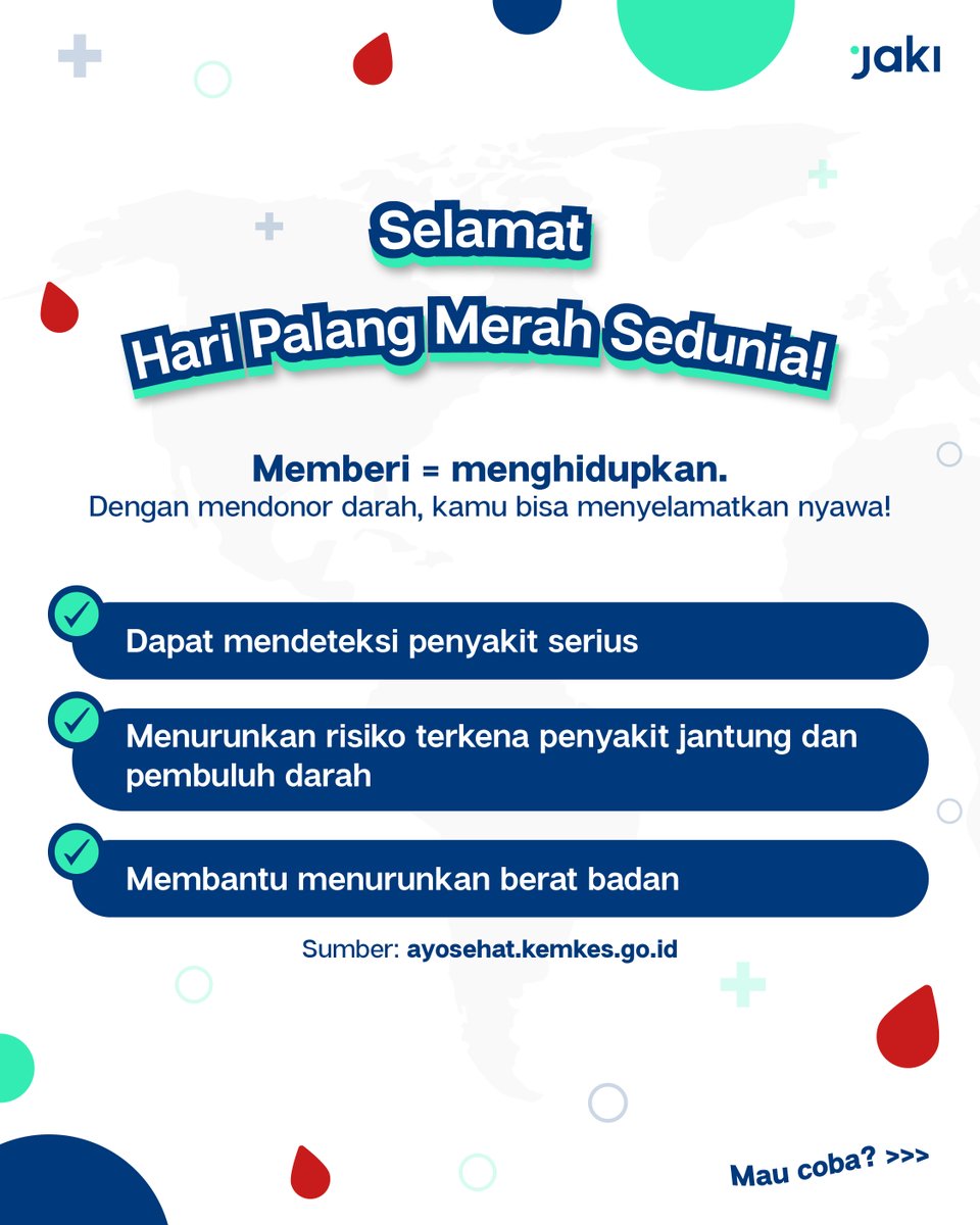 jkt_smartcity's tweet photo. Hari Palang Merah Sedunia jadi pengingat kita semua buat terus meningkatkan kepedulian kepada sesama ๐ค
Smartcitizen tau gak sih kalau donor darah tuh punya banyak manfaat untuk kesehatan kita, lho!๐ฏ
Mau Coba?
#jakartasmartcity #donordarahjakarta #palangmerah https://t.co/vRqQVHqTRg