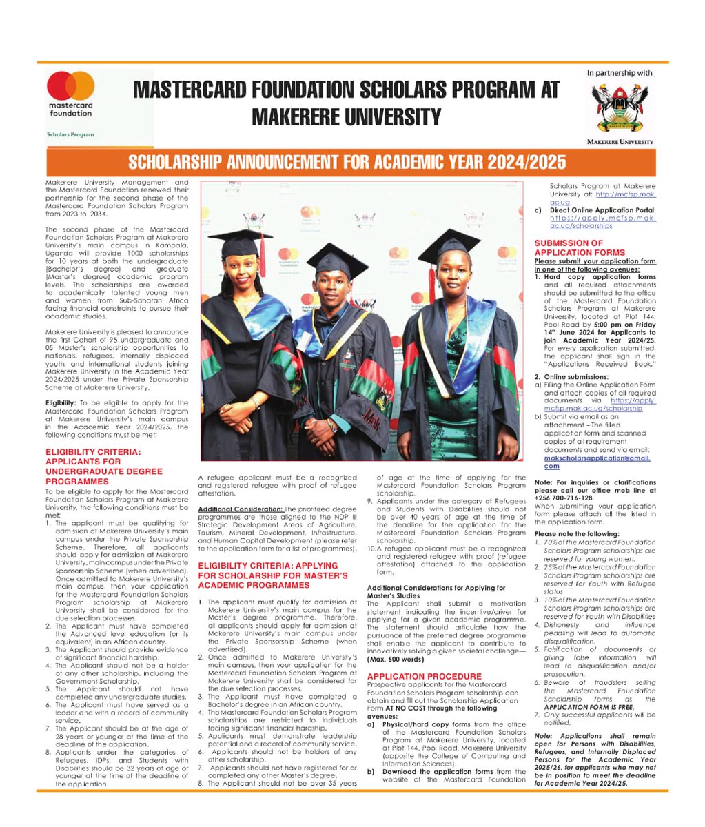 The Mastercard Foundation Scholars Program at Makerere University @MCFMakerere announces Scholarship Opportunities for Academic Year 2024/25. Alert the Youth with Academic Talent but Financially Constrained to consider this opportunity.