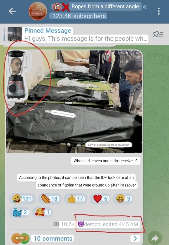 Israeli Telegram channel, with 123k subs, laughs at murdered Gaza civilians and mocks them as if they were ground up in a blender. @SamParkerSenate