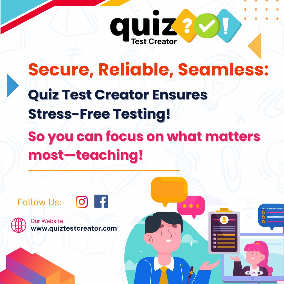 QuiztestCreator's tweet image. Quiz Test Creator, focus on what truly matters—empowering students and shaping futures. Elevate your online assessments today! 📝🚀

Take the action -Sign Up Now! Visit Now: quiztestcreator.com

#StressFreeTesting #SecureAssessments #EducationalTechnology #QuizTestCreator
