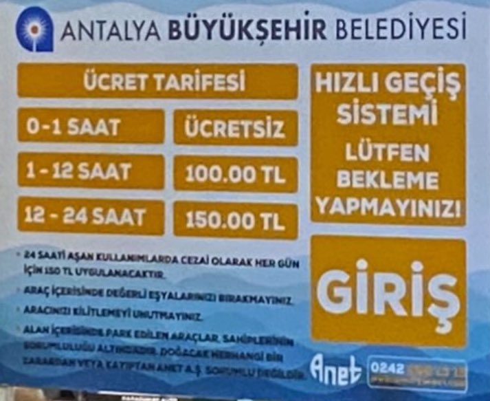 Konyaaltı Sahil Yaşam otopark ücretleri zamlandı. 30₺ olan ücret 100₺’ye yükseldi. #Antalya