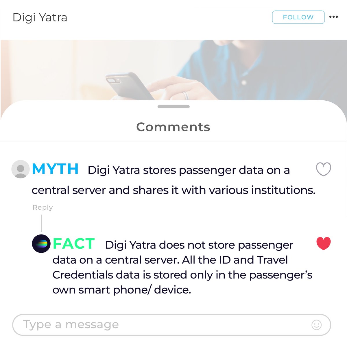 Separating myths from facts! 💡

With Digi Yatra, your data remains securely stored on your device, giving you full control. 

Stay informed, stay secure!

Download the Digi Yatra App now!
Available on IOS and Android.
#DigiYatra #MythsVsFacts #DataSecurity