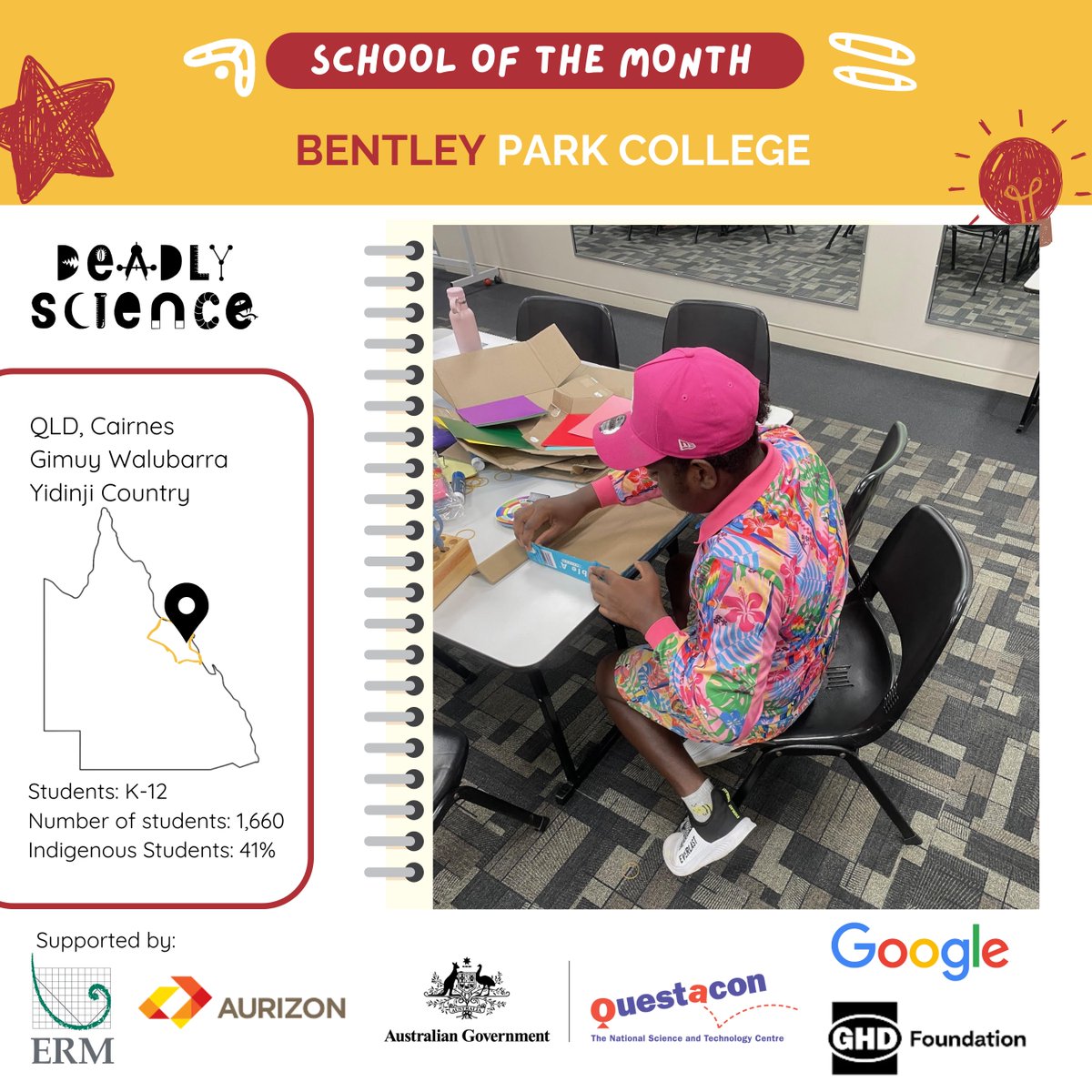 Celebrating our latest School of the Month - Bentley Park College! The School of the Month will receive a deadly gift pack thanks to @aurizon_, ERM, Google Australia, GHD Foundation and @questacon Do you want to be the next School of the Month? Email: admin@deadlyscience.org.au
