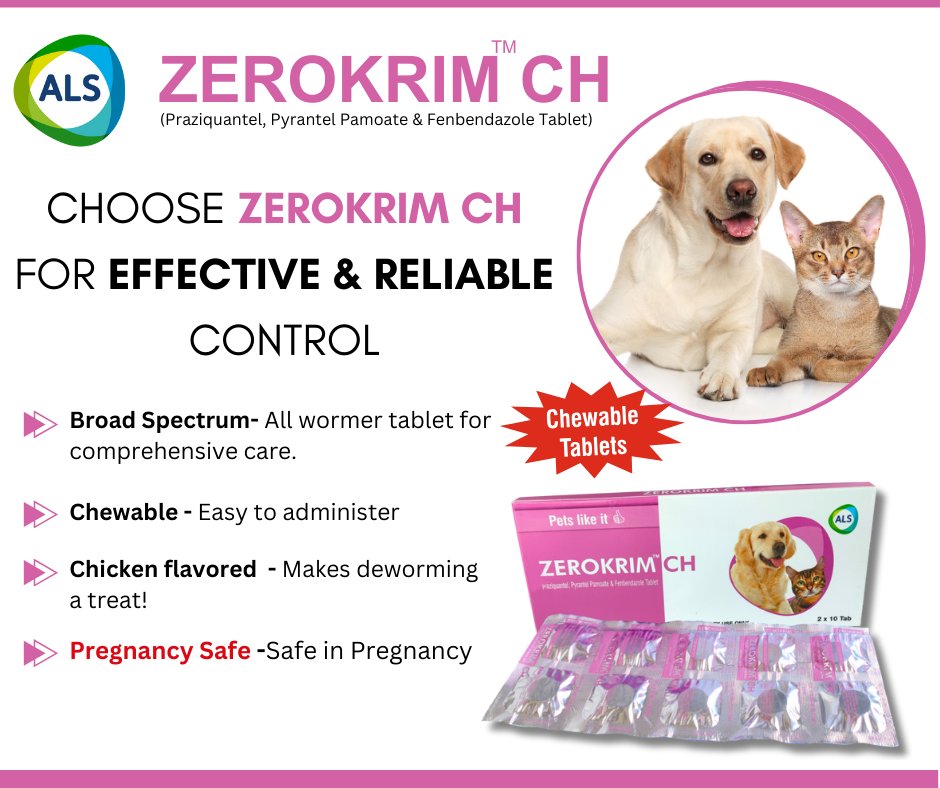 Give your dog the gift of good health with ZEROKRIM CH! It's an all-wormer chewable tablet that is safe for pregnant dogs too.

#zerokrimch #safe #dogpregnancy #dogs #cats #ALS #AnimalCare #ashishlifescience #Animalpharma #poultryfarming #animalhealth #livestockfarming #nutrition