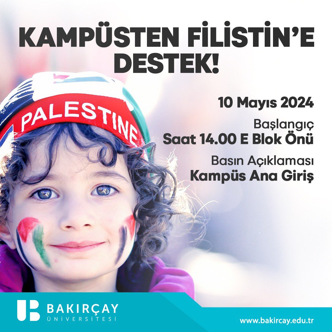 Kampüsten Filistin’e destek! 10 Mayıs Cuma günü saat 14.00’te E Blok önünde bir araya geliyoruz. #izmirbakırçayüniversitesi