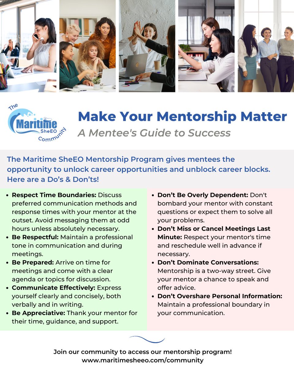 Unsure of how to communicate with your mentor? We have some tips for you! 💡

Join our community to access our mentorship program! maritimesheeo.com/community

#MaritimeSheEO #MentorshipProgram #WomenInMaritime #WomenLeadership