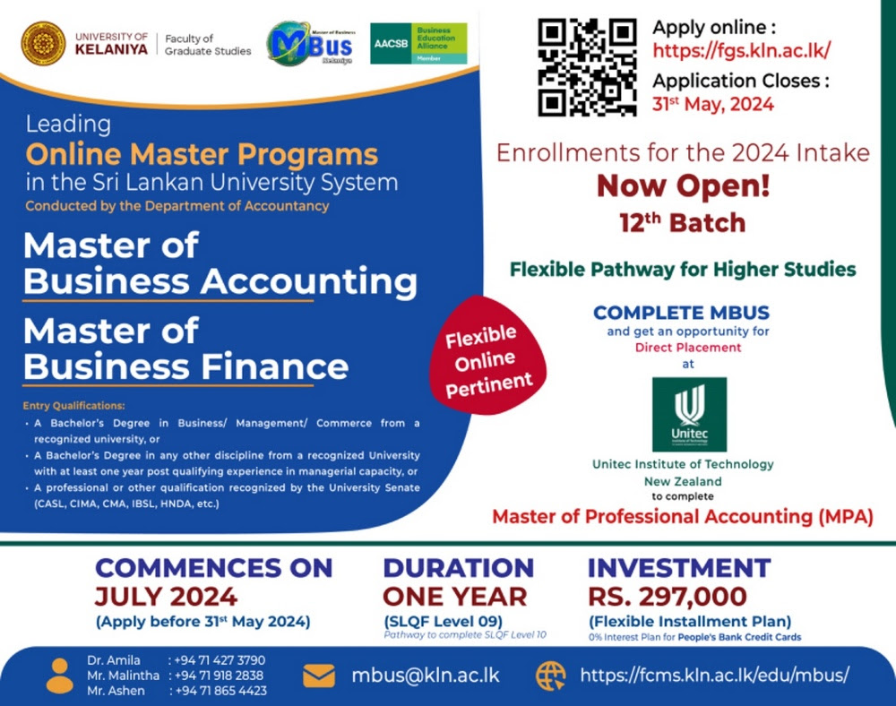 Flexible Pathways for Higher Studies with Master of Business Accounting/ Master of Business Finance.
fcms.kln.ac.lk/edu/mbus/index…
 #lka #iContactLanka #SriLanka