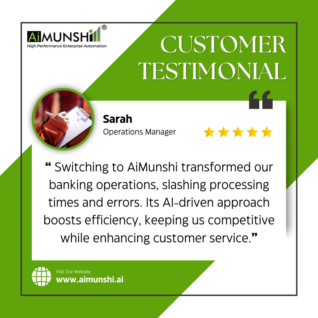 Experience the game-changing impact of AiMunshi in banking operations! Dive into our latest testimonial to learn how AI-driven document processing has revolutionized efficiency and customer service.
.
#AiMunshi #BankingRevolution #CustomerSatisfaction #BankingInnovation