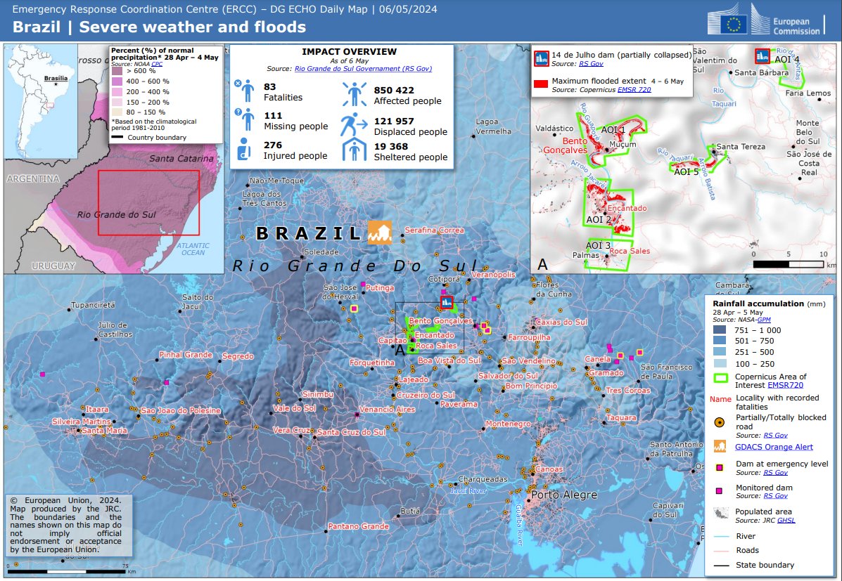 The unprecedented #floods🌊 in the #RioGrandedoSul State, in #Brazil🇧🇷, affected +850,000 people 🔽The @eu_echo #ERCC Daily Map reported on these events including the activities carried out by our #MappingTeam within the activation #EMSR720 More at👇 rapidmapping.emergency.copernicus.eu/EMSR720/report…