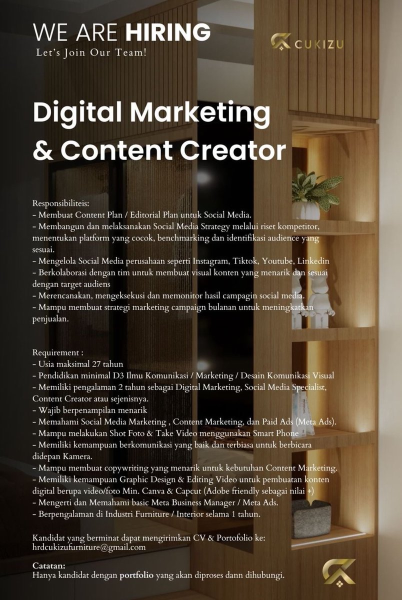 #LokerPam - CUKIZU Furniture - Digital Marketer & Content Creator - Jakarta