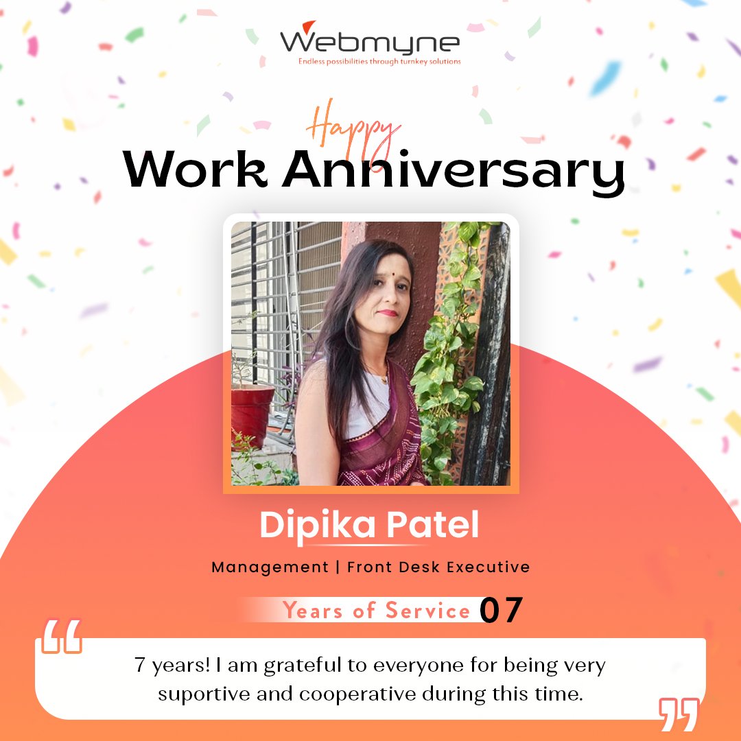Congratulations on 7 years of excellence and dedication, Dipika Patel! 🎉 Your hard work and commitment to Webmyne have been invaluable. Here's to many more years of success and growth together. Happy work anniversary!

#workanniversary #employeeappreciation