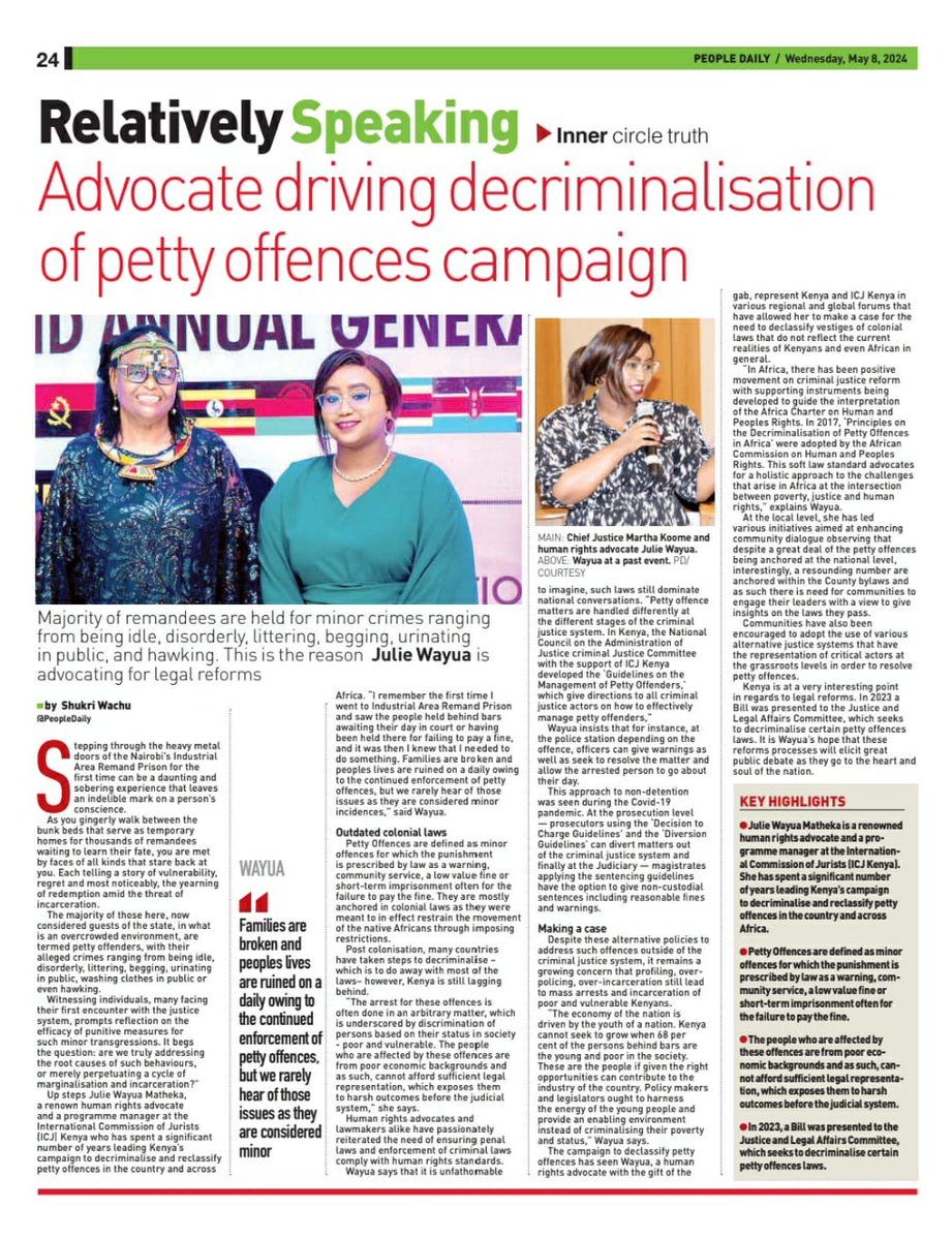 Our Programme Manager @wayua07 has been featured on the @PeopleDailyKe as she speaks on her work around decriminalising and reclassifying petty offences in Kenya and Africa. icj-kenya.org/news/julie-way…