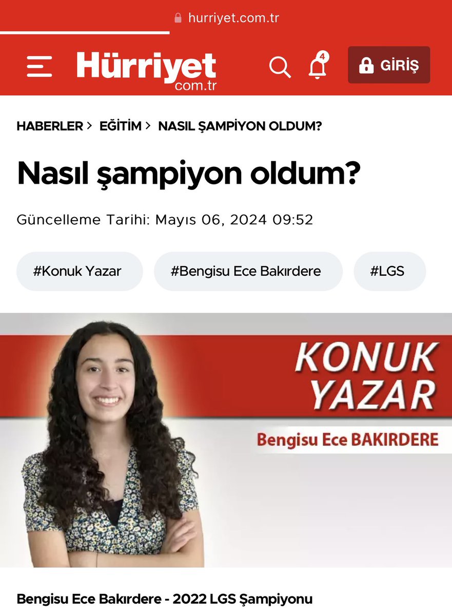 Boynuz kulağı çoktan geçti😜

Kızımın LGS’ye girecek  öğrenci arkadaşlar için kaleme aldığı köşe yazısı bugün Hürriyet’te yayınlandı.

Allah tüm vatan evlatlarının yollarını açık etsin🧿🌺

Okumak isteyenler için link aşağıda;

hurriyet.com.tr/egitim/nasil-s…