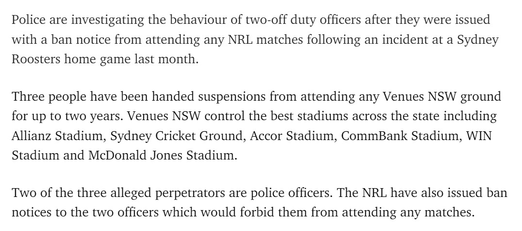 Two... *checks notes*... COPS! have been banned from #NRL games for allegedly throwing things at referee Ashley Klein. Maybe this is the wake-up call a few people need to calm down their rhetoric about officiating mistakes. I won't hold my breath though.