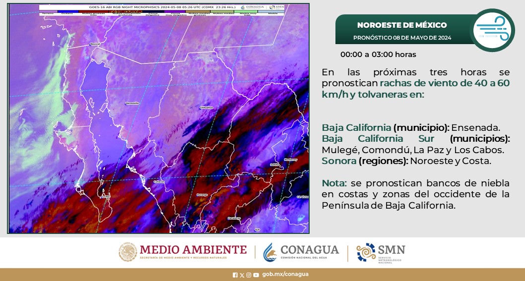 conagua_clima's tweet photo. En las próximas horas, continuarán el #Pronóstico de rachas fuertes de #Viento y bancos de #Niebla en la Península de #BajaCalifornia. https://t.co/veSoKgBc5m
