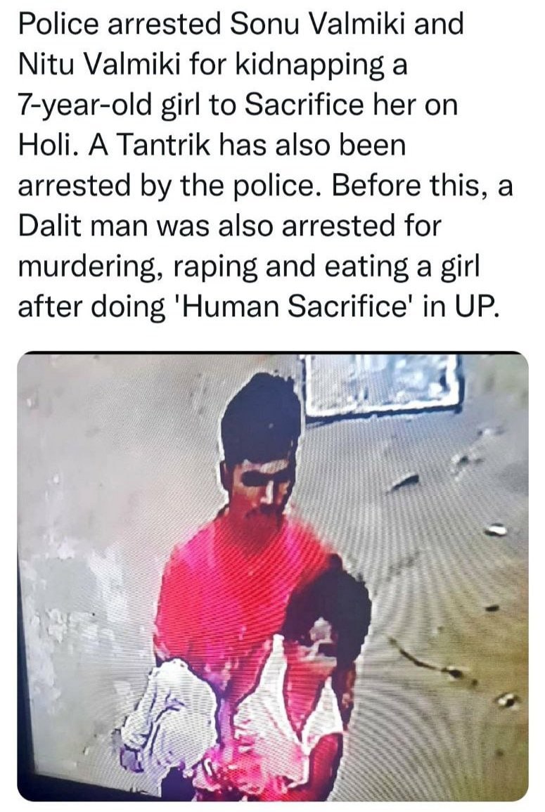 🕉 Hindu Human Sacrifice Ritual 

Seriously, what century are we living in? A Hindu man in Uttar Pradesh, India, kidnaps a 7-year-old girl, believing sacrificing her will get him a wife? This isn't ancient mythology; it's a horrific crime! #EndChildAbuse #WakeUpIndia