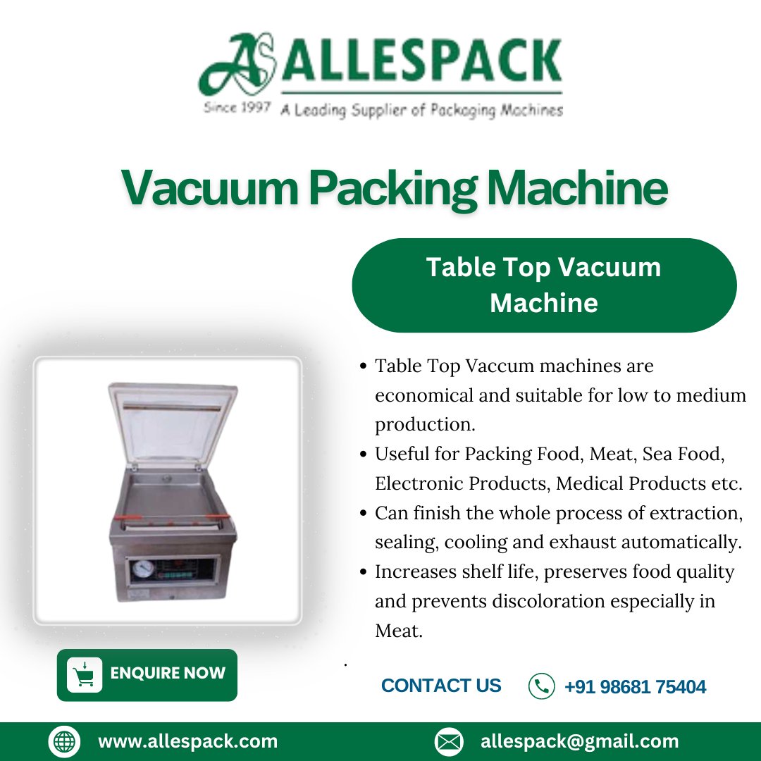 Table Top Vacuum Machine

Model: 260PD

Call us at: +91 9868175404, +91 9015997050
Visit Website: allespack.com/table-top-vacu…

#vacuumpackingmachine #packagingsolutions #strappingtool #industrialpackaging #efficientpacking #shippingessentials #logisticsequipment #maxpackagingsize