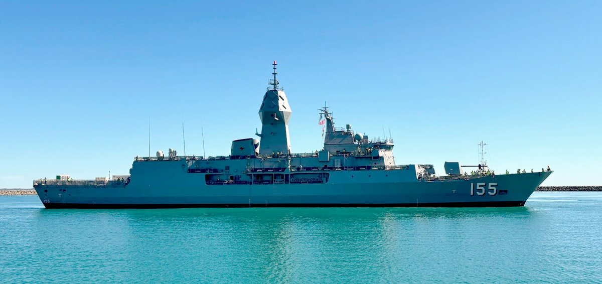 HMAS Ballarat undocks at sunrise ☀️🚢 After nearly 500,000 hours of upgrade work, #HMASBallarat recently undocked from our Henderson shipyard, with her Anzac Mid-life Capability Assurance Program (AMCAP) well underway. Next up - her in-water test and trials, then sea trials 🌊