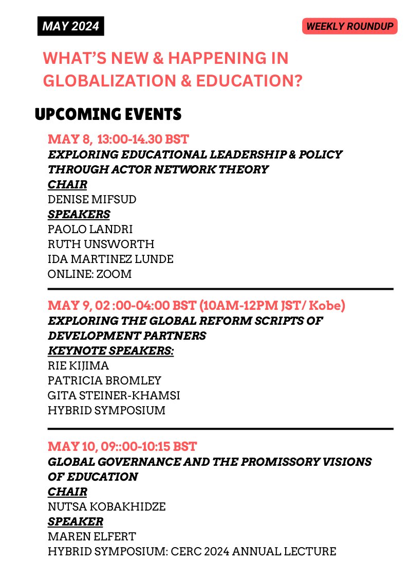 Three online/hybrid talks happening from today until Friday (May 8-10)! Don't miss out!

<a href="/DeniseMifsud4/">Dr Denise Mifsud</a>
<a href="/PaoloLandri/">Paolo Landri</a>
<a href="/IdaMLunde1/">Ida Martinez Lunde</a>
<a href="/norrag/">NORRAG</a>
<a href="/Nutsako/">Nutsa Kobakhidze</a>
<a href="/maren_elfert/">Maren Elfert</a>

Links below!