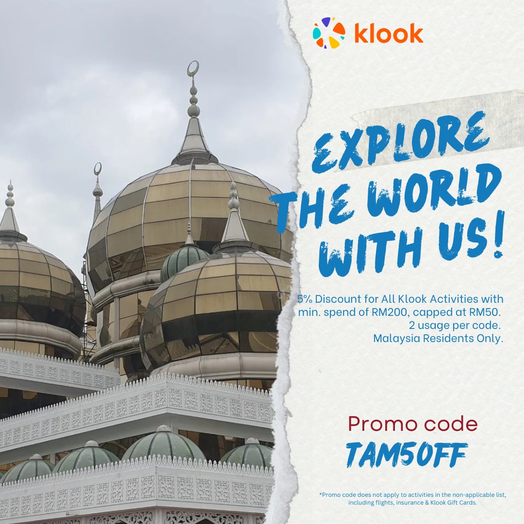 Explore the World with Us !!

Book your next adventure now with KLOOK and let us take you on an extraordinary journey! ✨ 📷 Use promo code 'TAM5OFF' at checkout: atmy.me/0097li000uec

Valid until 30/6/2024
#KLOOK #TravelDeals #ExploreMoreForLess #PromoCode #BookNow