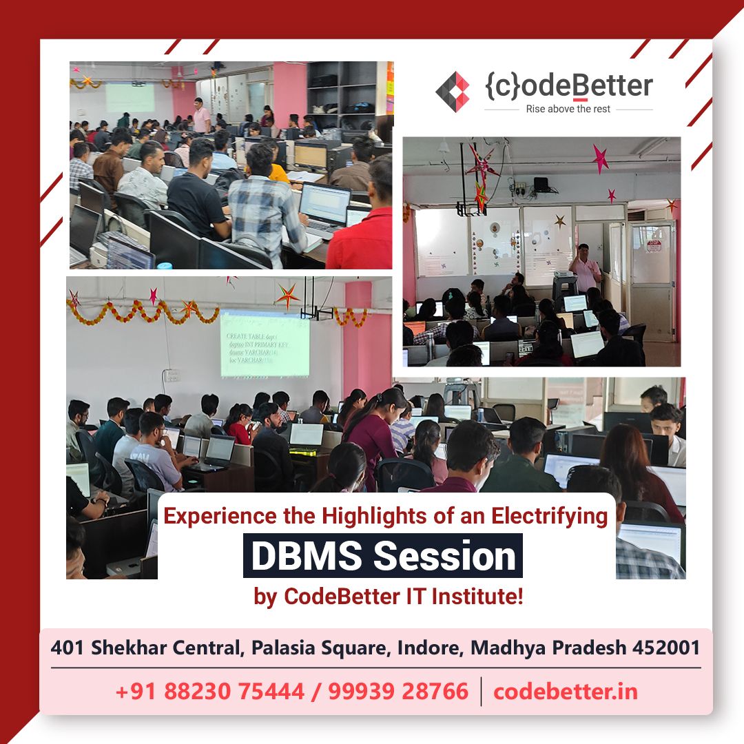 DBMS extreme learning session conducted by CodeBetter IT Institute!
Visit Us:buff.ly/2ERrdSx 
#Datascience #Python #Django #Testing #iphoneappdevelopment #InternshipInIndore #Dataanalysis #DBMS #learningsession