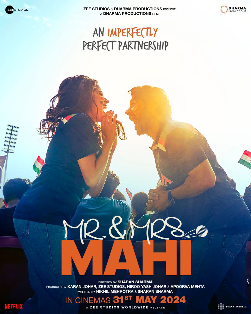 Counting down the overs before we witness this imperfectly perfect relationship! Watch out for Janhvi Kapoor and Rajkummar Rao in #MrAndMrsMahi, set to release in theatres on May 31st, 2024! #KaranJohar @apoorvamehta18 @RajkummarRao #JanhviKapoor #SharanSharma #NikhilMehrotra…