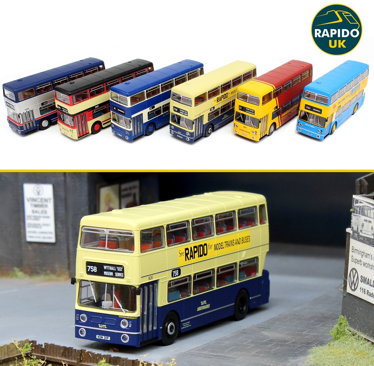 (insert joke about multiple buses turning up at once)
Leyland Fleetline colour samples are here!
What a gorgeous array of liveries, including the best of all, the preserved bus complete with retro-style Rapido ads!
Production is almost complete and we hope to have the buses soon.