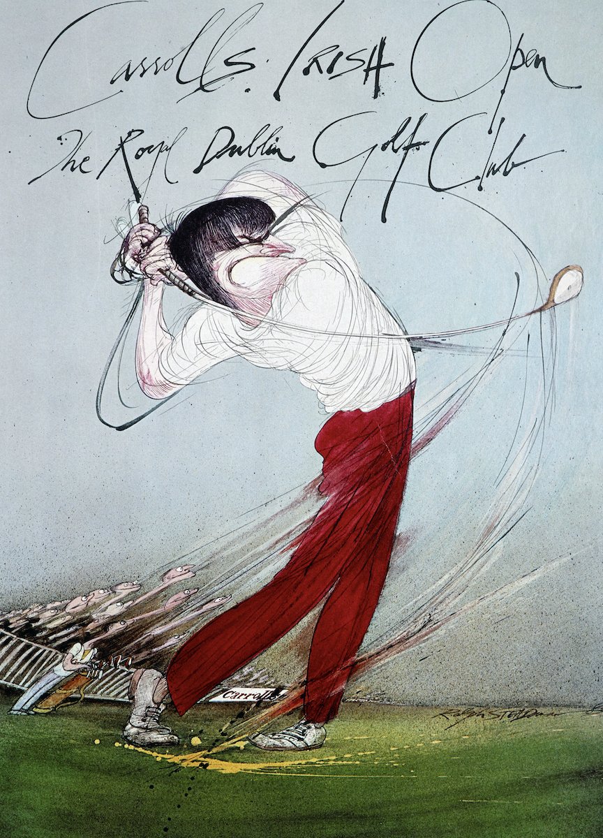 Golf: a battle on the green, where tiny white orbs dance amidst manicured lawns. Each swing a calculated rebellion against nature's whims, as players chase elusive perfection with fevered determination. #GolfDay #RalphSteadman #Illustration #Golf