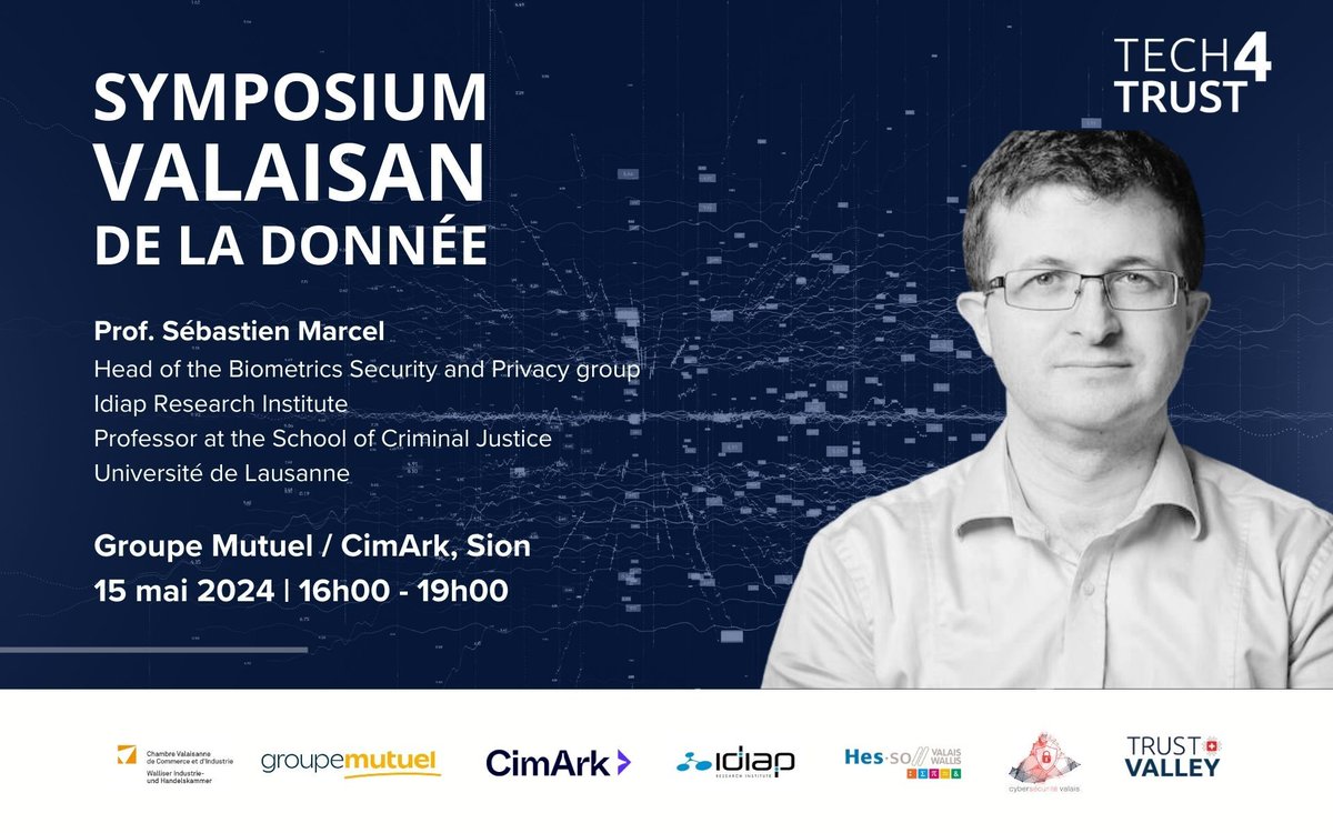 Annonce du Symposium valaisan de la donnée ! ✨✨ Nous sommes ravis de vous présenter Prof. Sébastien Marcel, qui interviendra au panel à CimArk sur les deepfakes. bit.ly/3Uw4Ar1 #TrustValleyCH #digitalTrust #cybersecurity @lennig @Idiap_ch @groupe_mutuel @thearkvalais