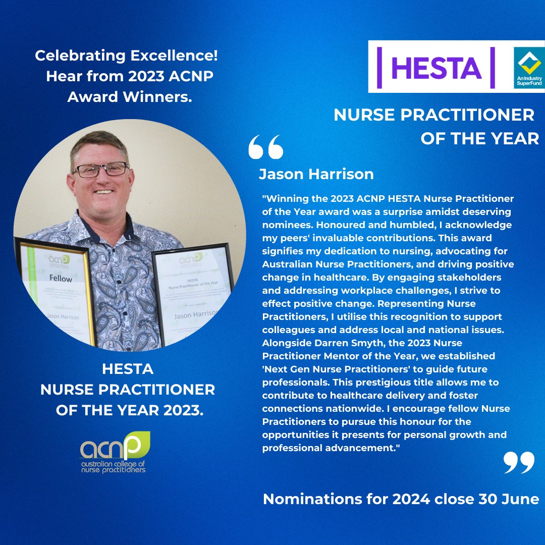 Know an outstanding Nurse Practitioner? Nominate them for the prestigious HESTA Nurse Practitioner of the Year Award! Nominations open now! #ACNP acnp.org.au/hesta-nurse-pr… Nominations close on 30 June.