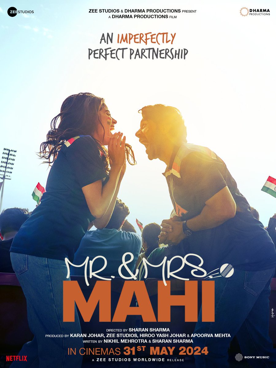 The first look of #MrAndMrsMahi is out. Releasing on 31st May

@RajkummarRao #JanhviKapoor @DharmaMovies #sharansharma #KaranJohar @ZeeStudios_ @NetflixIndia #siddharthkannan #sidk