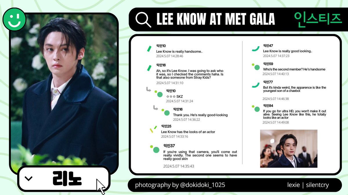 [INSTIZ] There's a discussion about Getty Images from Met Gala. People are pleasantly surprised to see idols with their real skin & are really praising #LeeKnow's visuals. Most comments are positive, hoping for less retouching on idols' photos in the future

#리노  #リノ #李旻浩