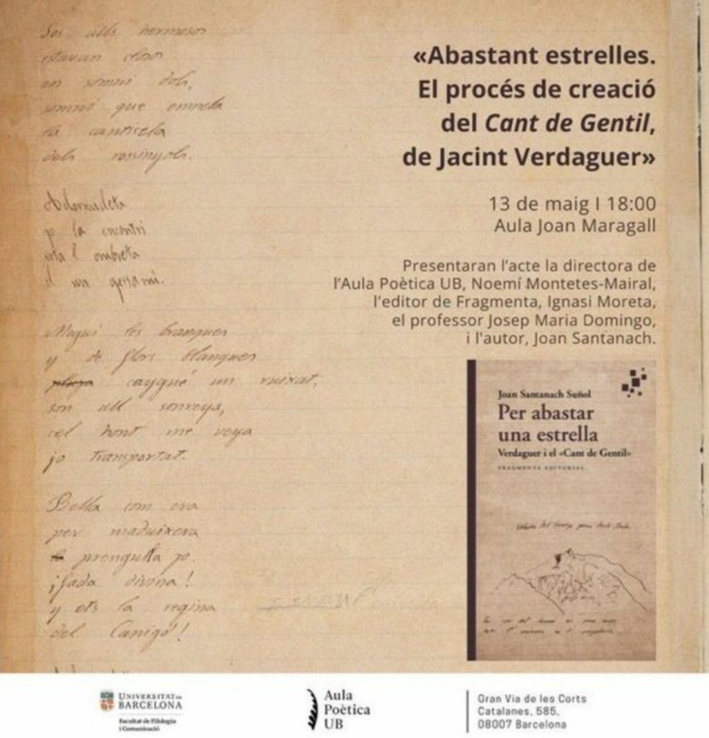 13/05, 18h. Jacint Verdaguer. 
Amb Joan Santanach, Josep M. Domingo, Ignasi Moreta i Noemí Montetes-Mairal.