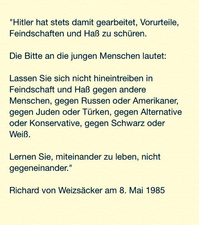 Zeitlos, richtig und gut: Die Rede des 🇩🇪 Bundespräsidenten Richard von Weizsäcker vom 8. Mai 1985 über die Hitler-Diktatur, das Kriegsende 1945 und das Zusammenleben in der deutschen Demokratie. bundespraesident.de/SharedDocs/Red…