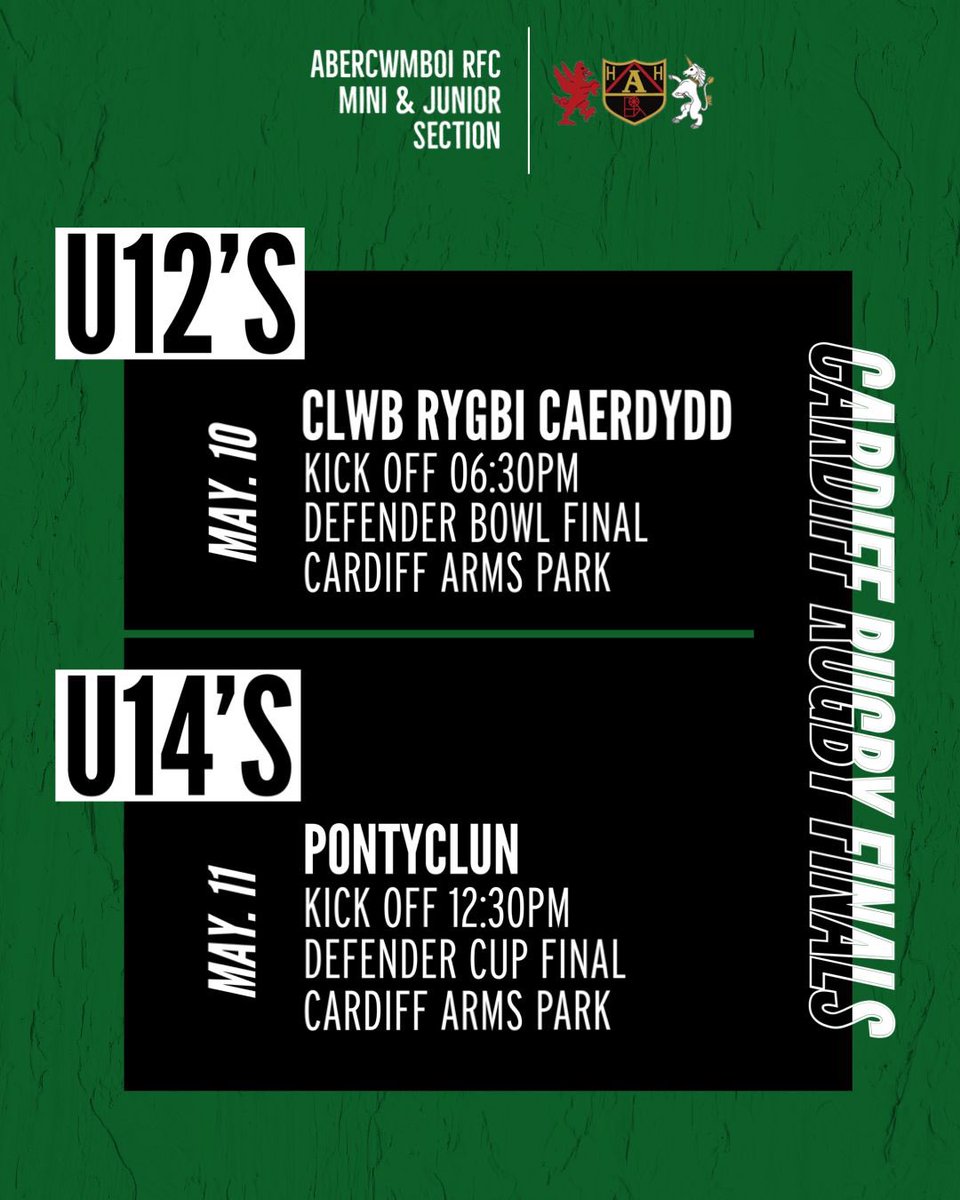 Exciting week for 2 of our junior teams to look forward to as they play in the @CardiffRugbyCup finals. 12’s play @clwbrygbicaerdydd Friday night in the bowl final. Saturday our 14’s take on @PontyclunB in the cup final. Best of luck to both teams and enjoy the experience 💚🖤