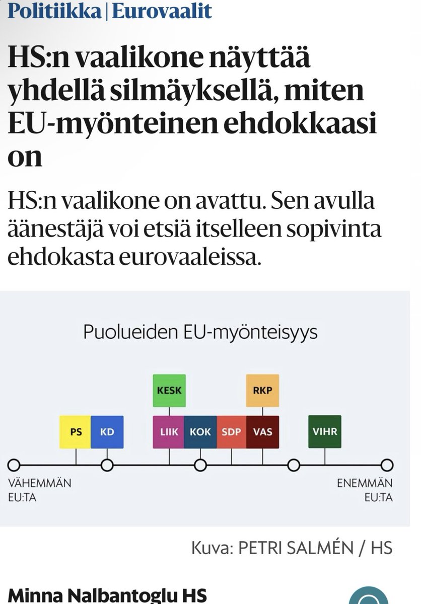 Vihreät on eurooppamyönteisin suomalaispuolue ja europarlamentissa kokoaan suurempi & vaikutusvaltaisempi.

Tässä @hsfi vaalikoneessa on kuitenkin silmiinpistävintä se,miten Kokoomus luisuu kohti syvempää konservatiivioikeistoa. Hallitus PS:n kanssa & katseet ECR-ryhmää kohti mm.